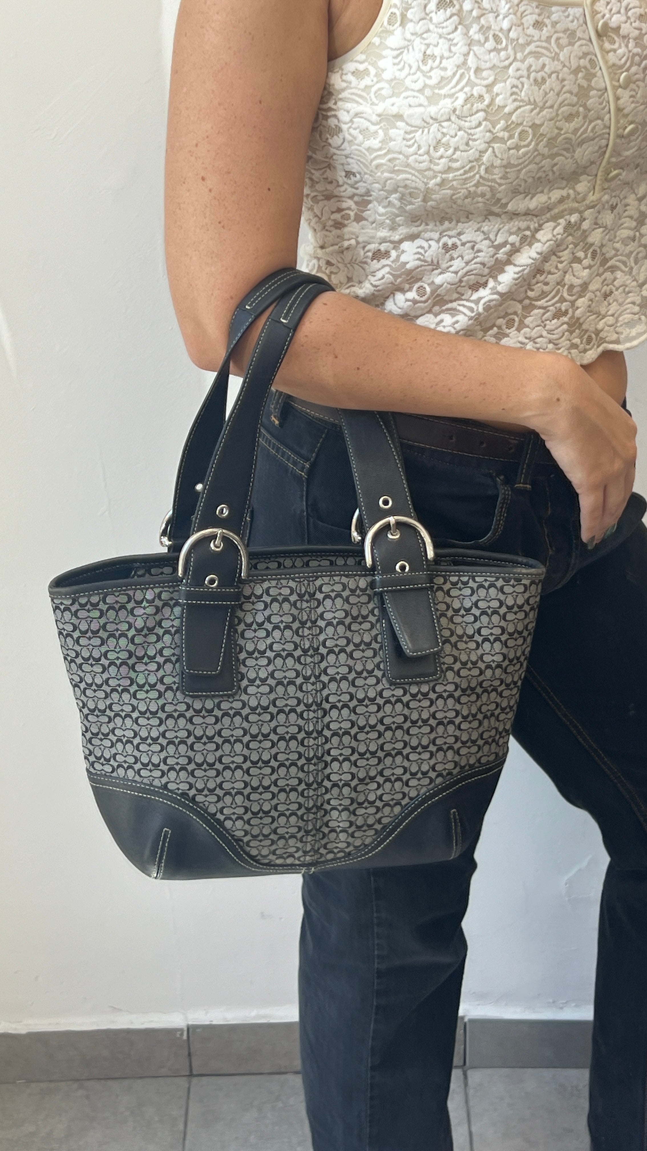 Coach Canvas Mini C Tote in Black-Grey Monogram