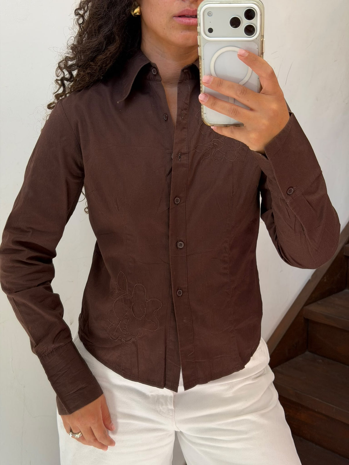 Brown Button Up Shirt With Flowers Embroidery Size M
