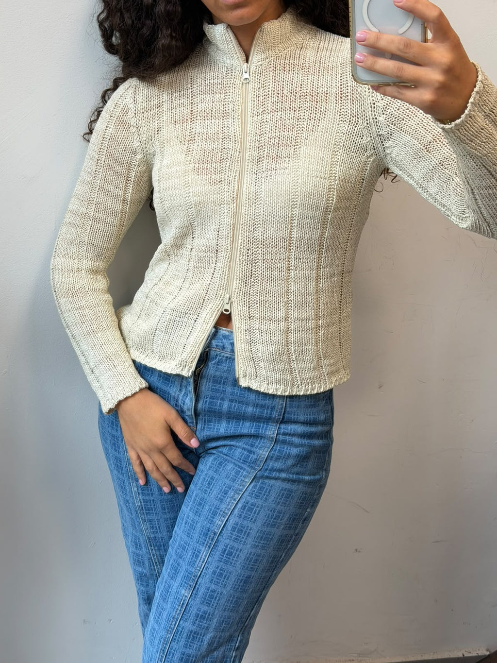 Cream Knit Zip-Up Cardigan Mock Neck Sweater Size S