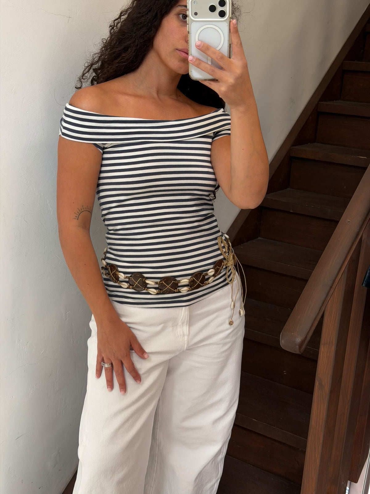 Striped Off Shoulder Shirt Size M