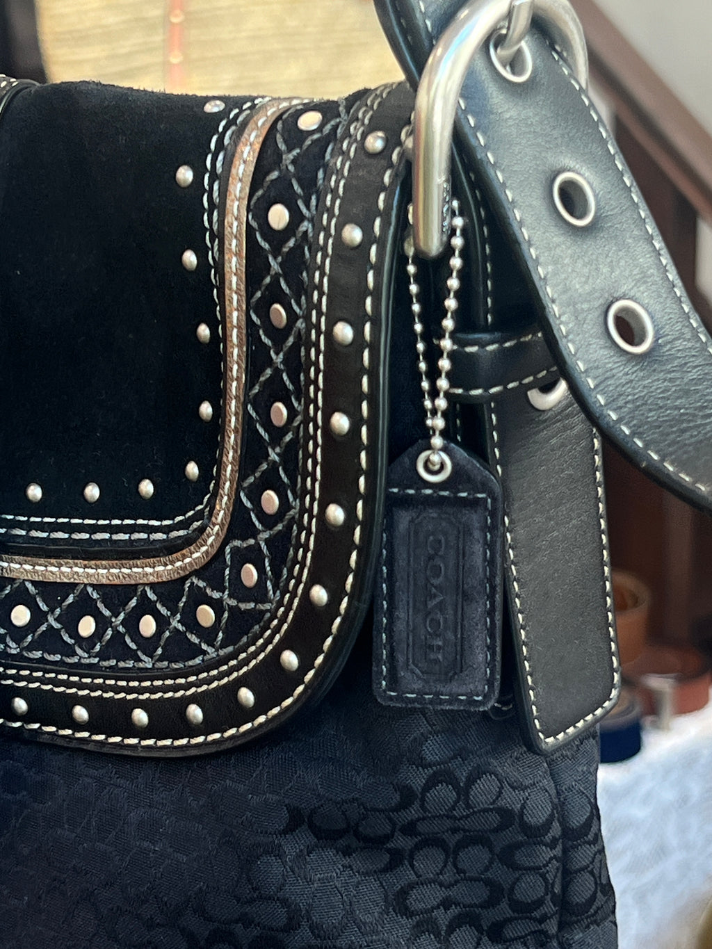 Coach Soho Black Signature C Patchwork w/Rivets Shoulder Bag