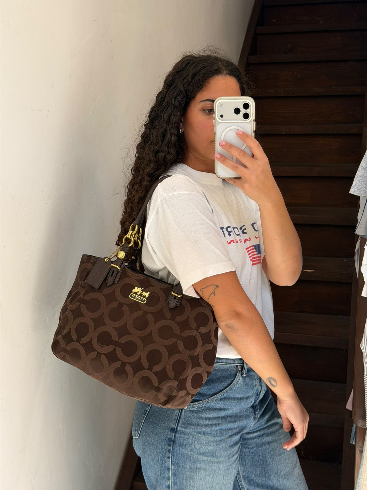 Vintage COACH Signature Tote Bag Dark Brown & Gold Hardware