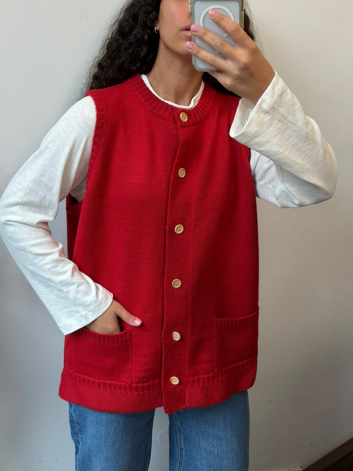 Red Knit Vest Button Up Sleeveless Cardigan Size XL