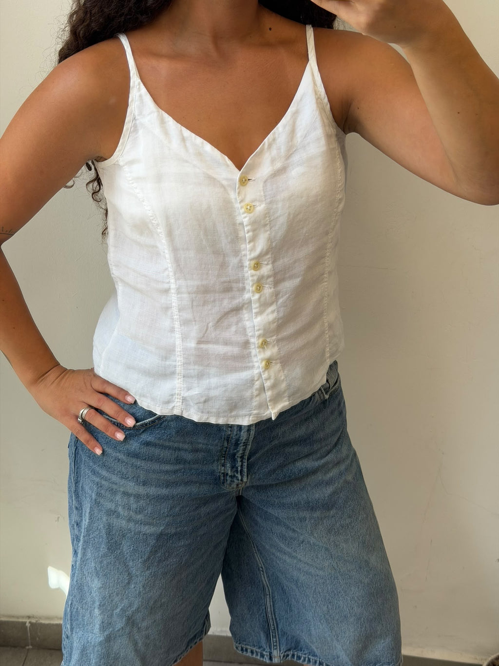 Linen white button up tank top size M