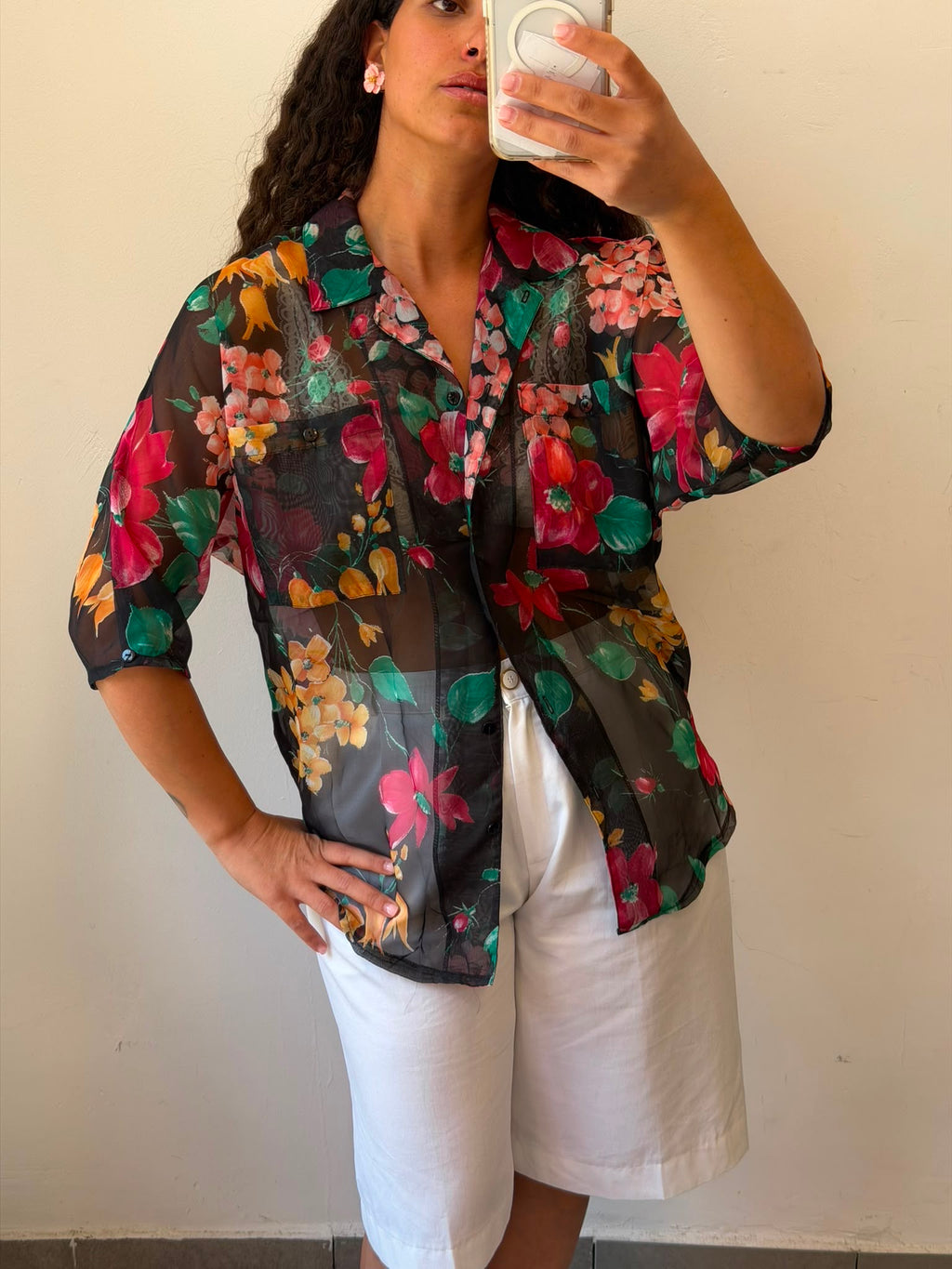 Flowry Botton-up See-Through Shirt L-XL