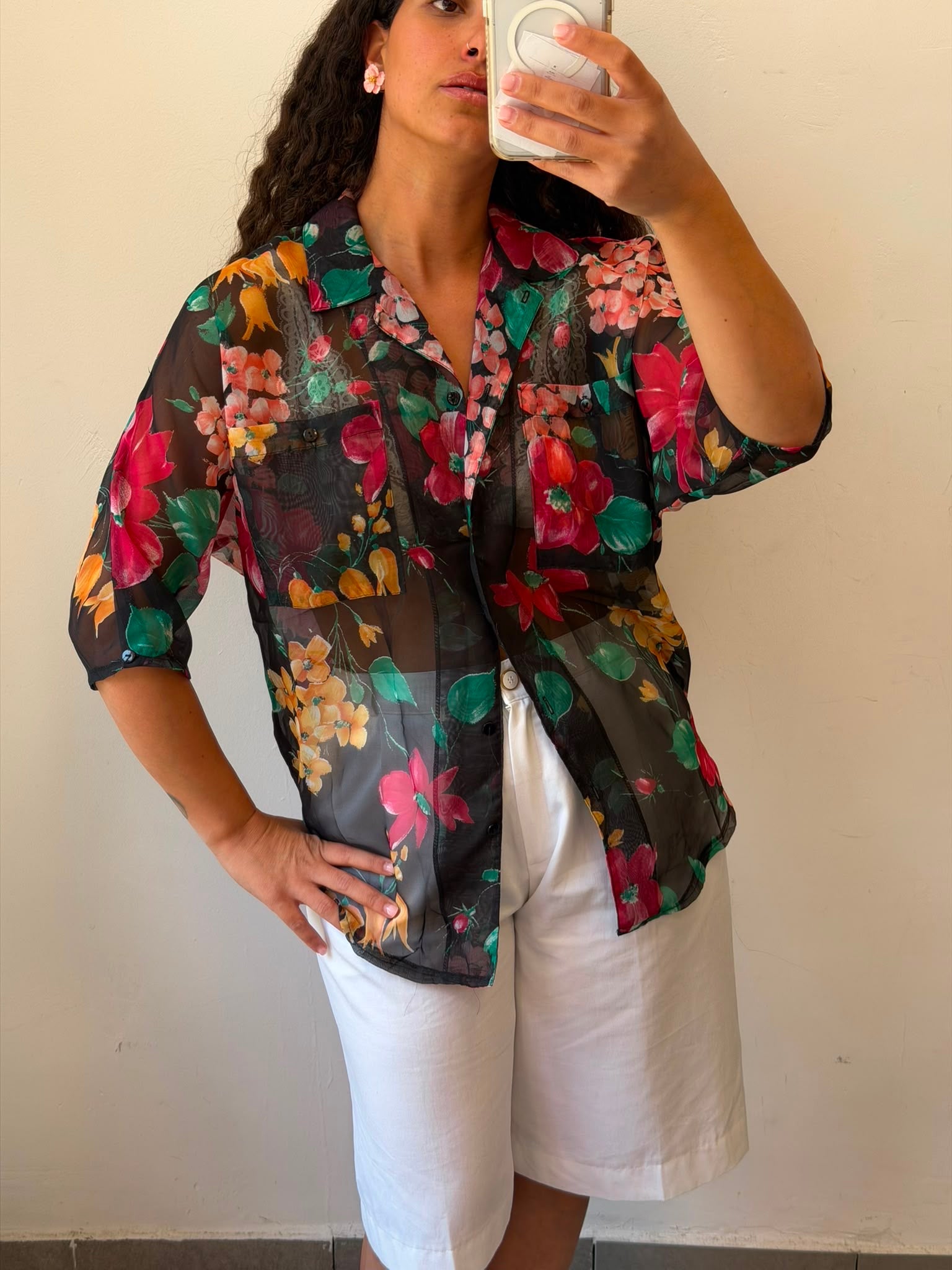Flowry Botton-up See-Through Shirt L-XL