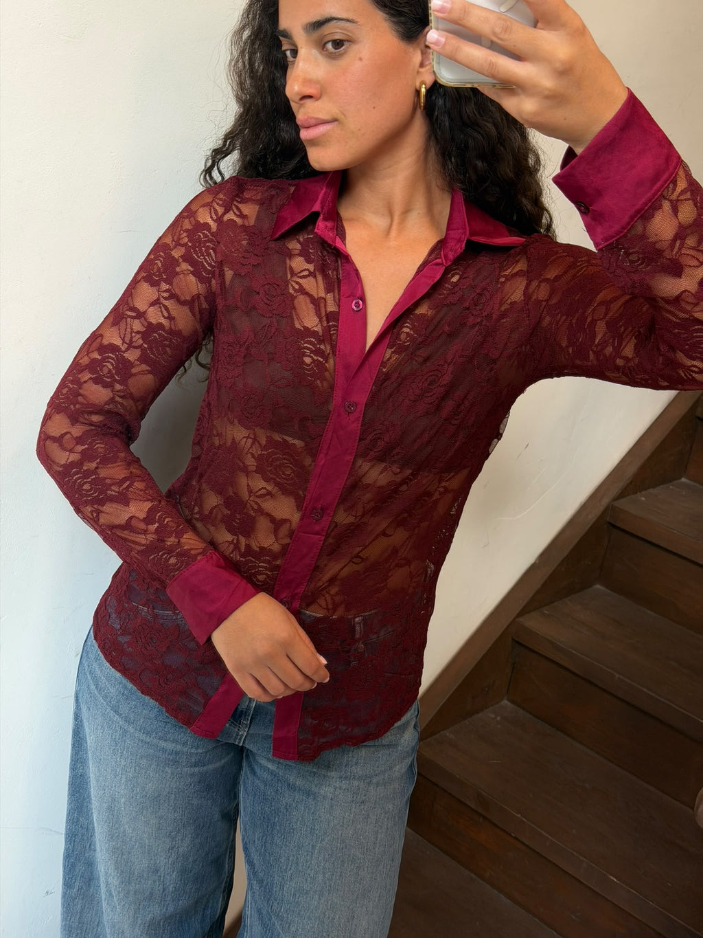 Burgundy Sheer Floral Lace Button Up Shirt Size M