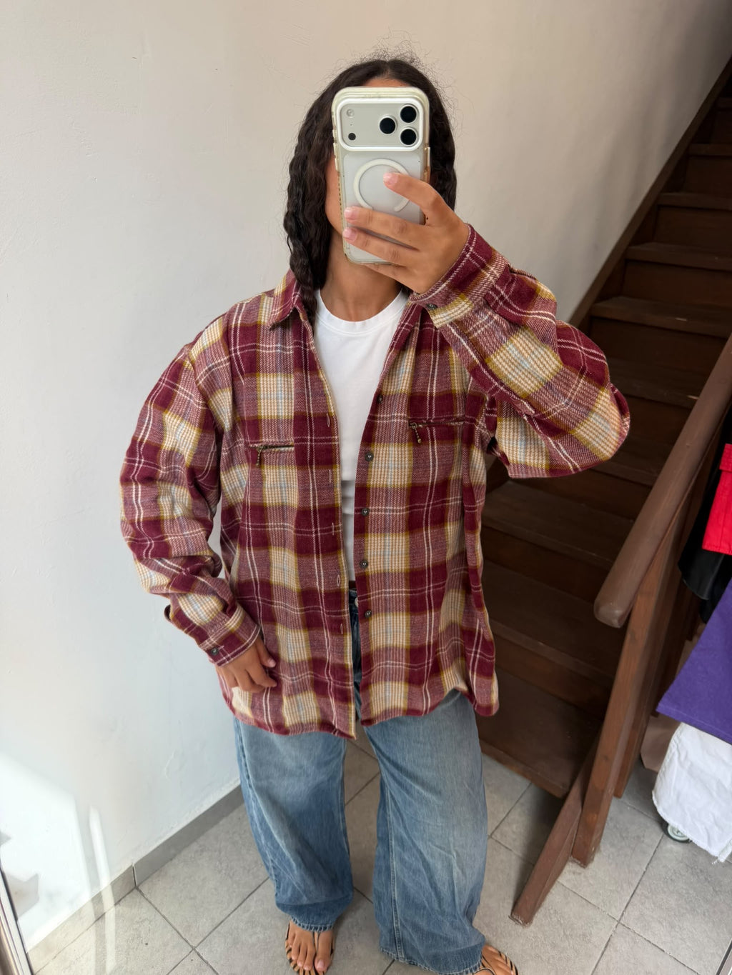 Burgundy Plaid Flannel Button Up Shirt Size L