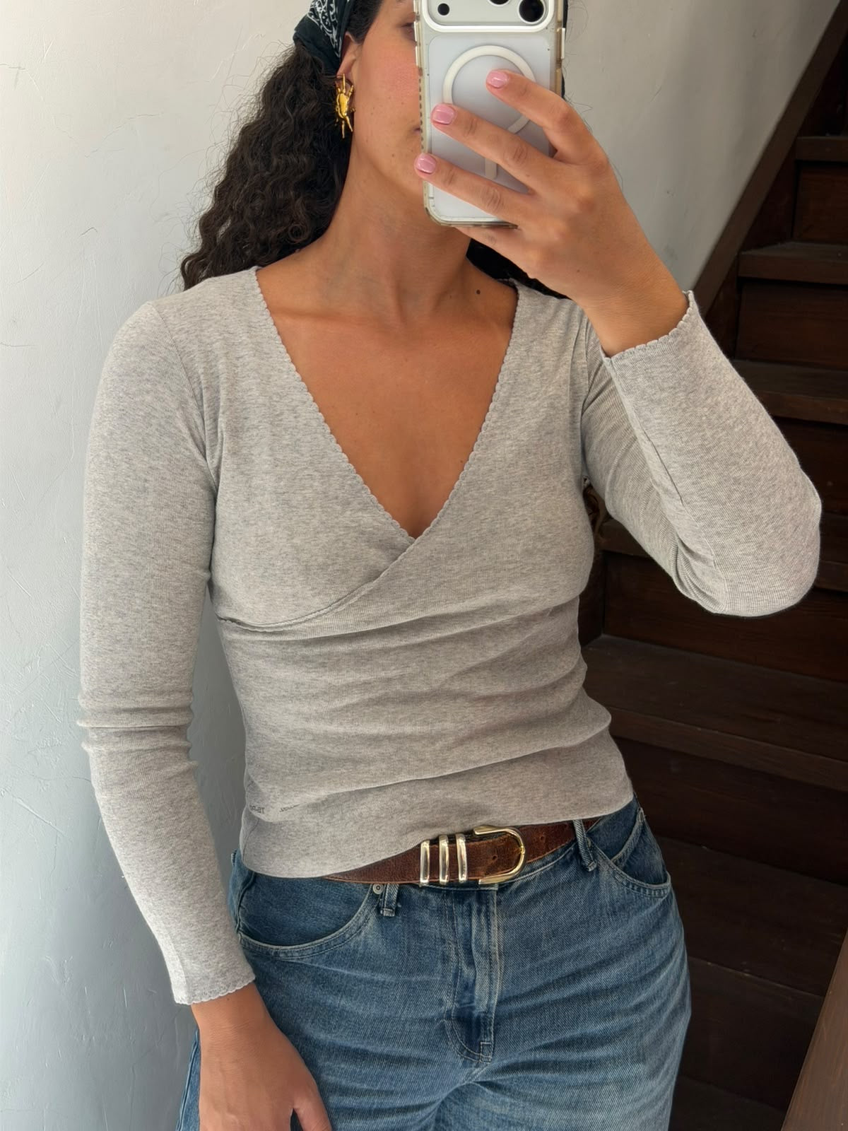 Grey Long Sleeve Wrap Top Size XS