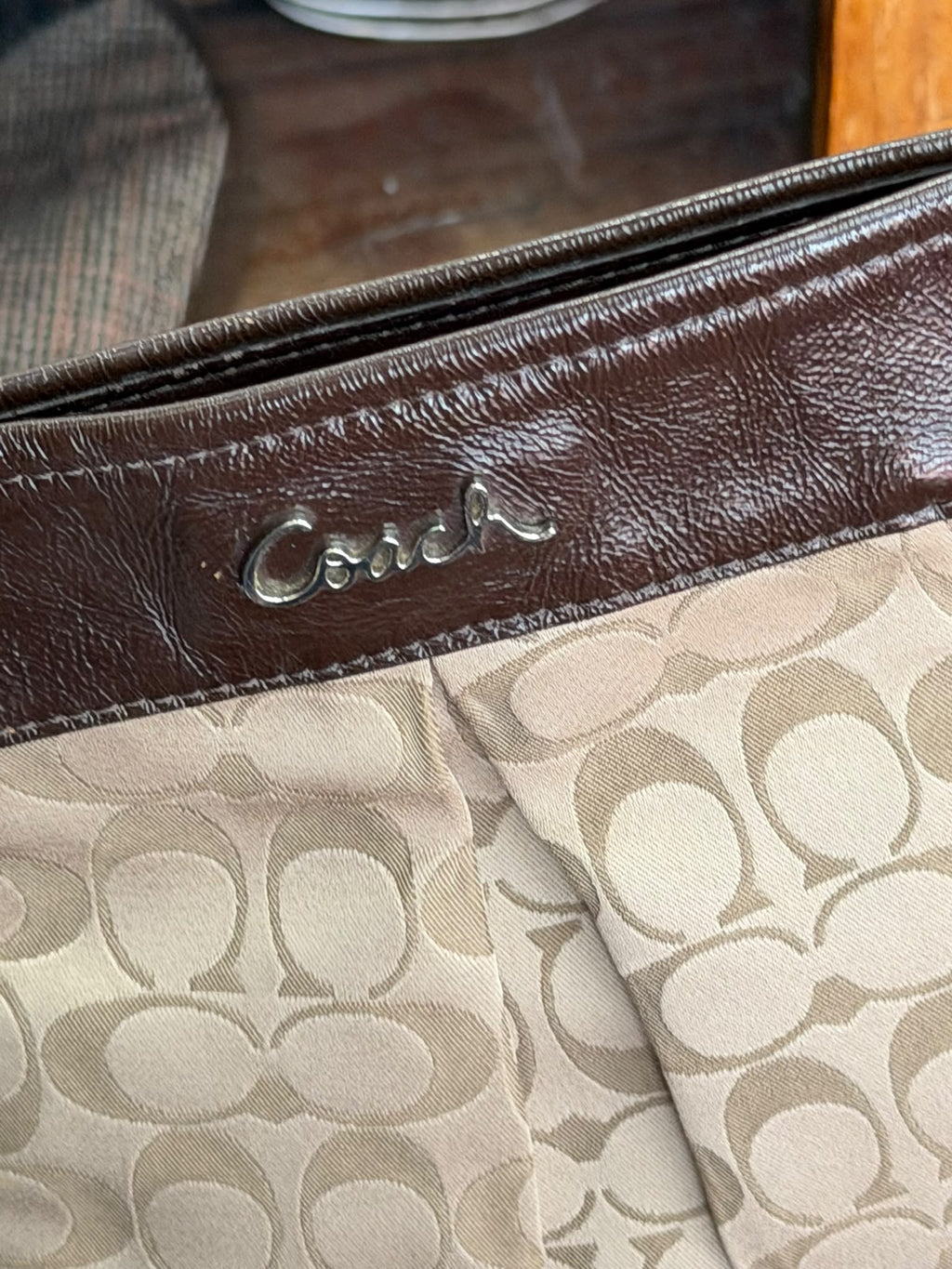 COACH Signature Taylor Pleated Tote Bag Beige & Silver Hardware