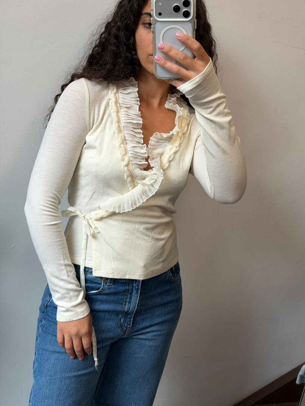 Cream Wrap Top Ruffle Long Sleeve Shirt Size S