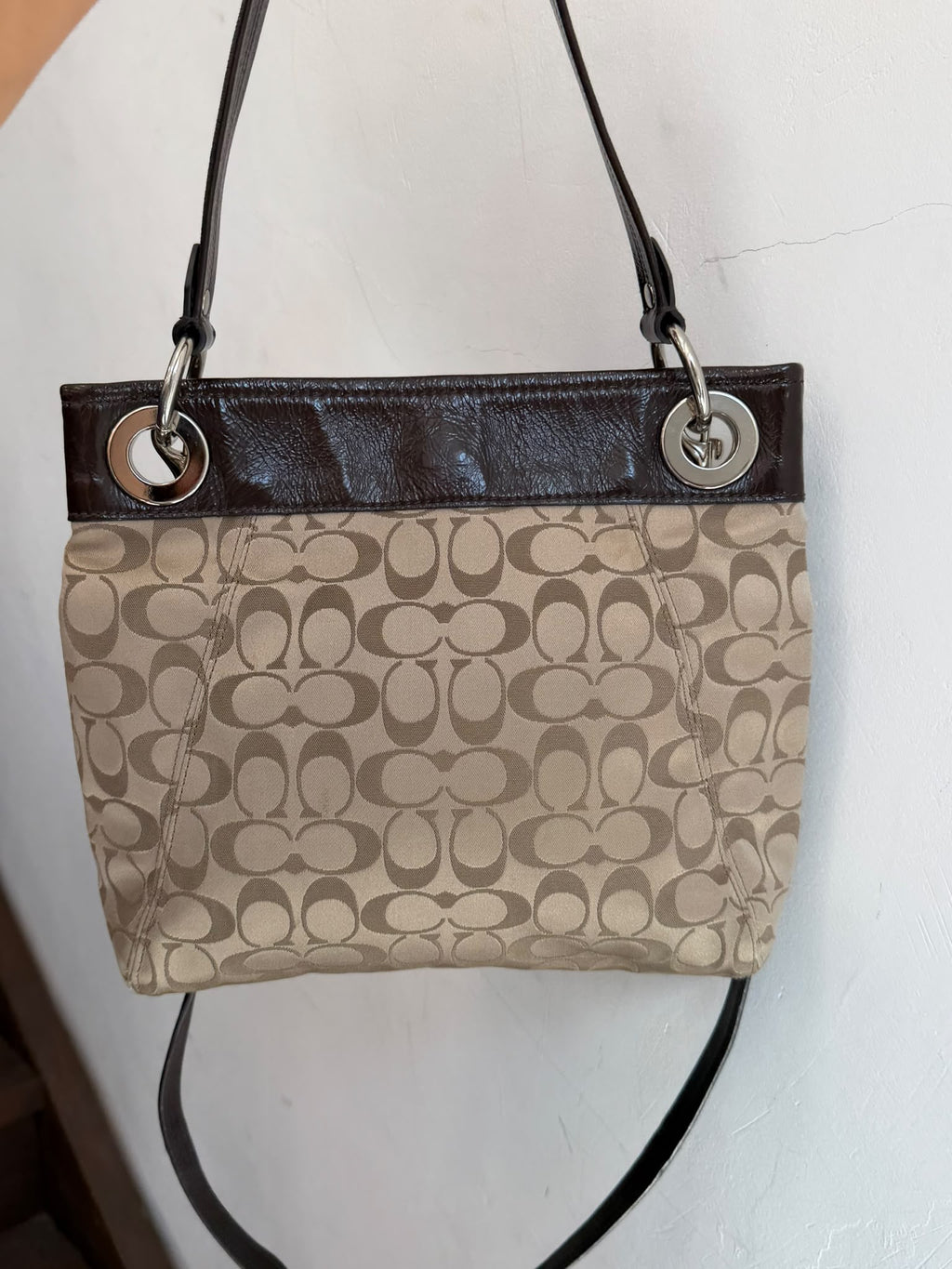 COACH Signature Taylor Pleated Tote Bag Beige & Silver Hardware