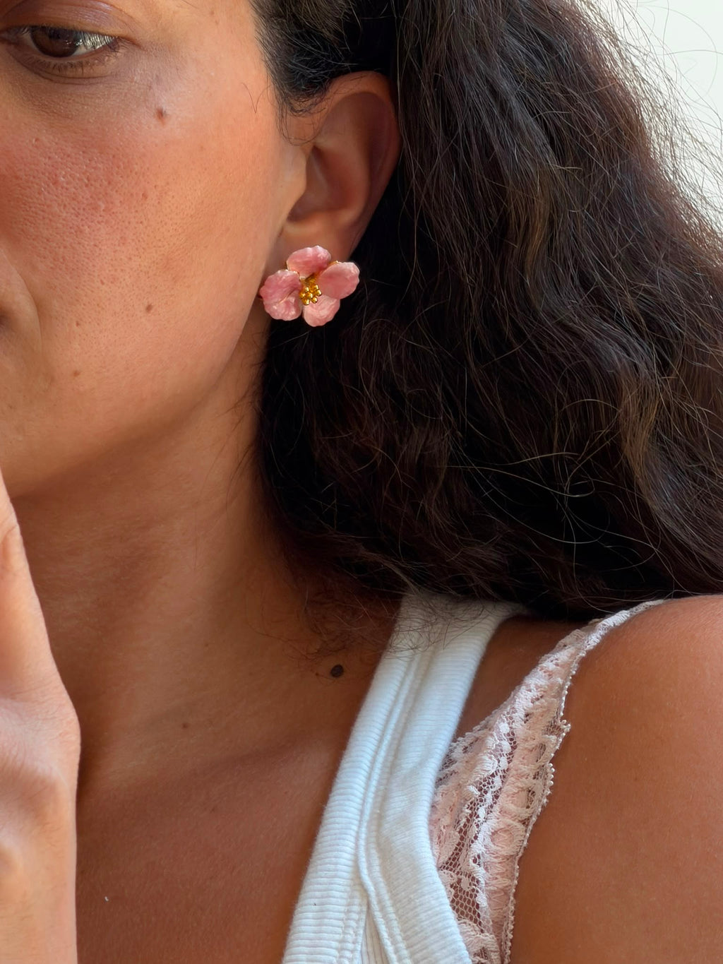 Pink Flower Gold Colored Earrings