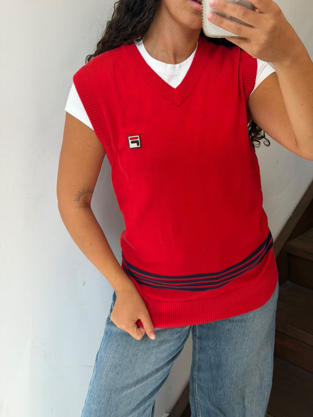 Vintage Red FILA White Line Tennis Sweater Size M