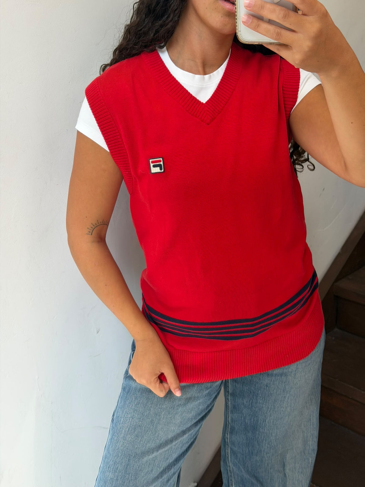 Vintage Red FILA White Line Tennis Sweater Size M