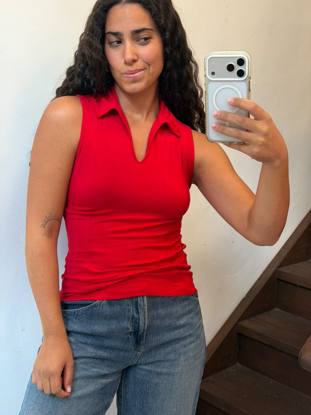 Red Sleeveless Polo Top with V-Neck Collar Size S