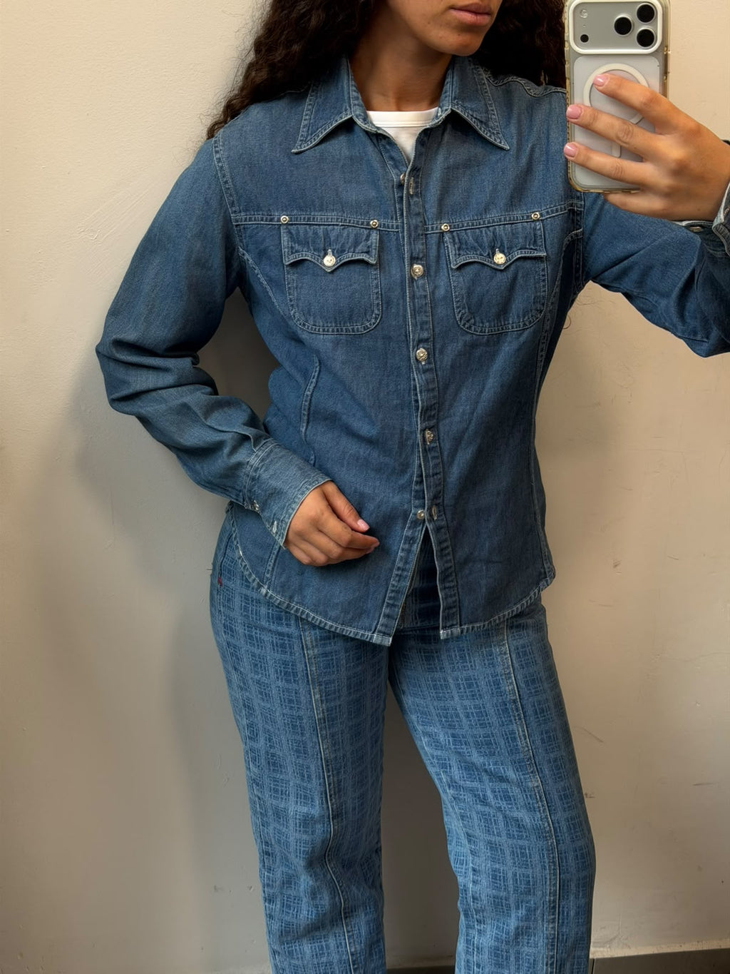 Mid Wash Denim Western Shirt Button Up Jacket Size L