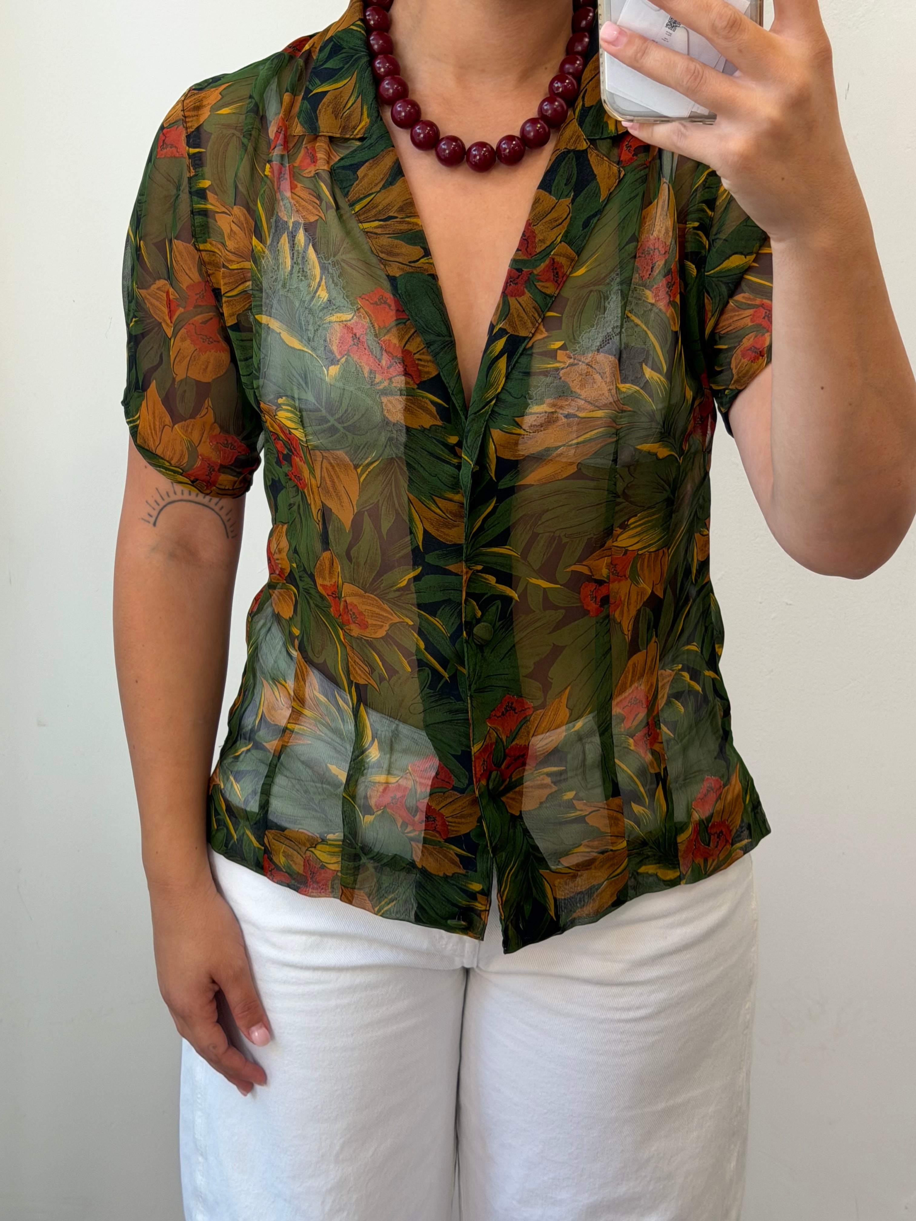 Flowery See-Through Botton-up Short Sleeve Shirt M-L