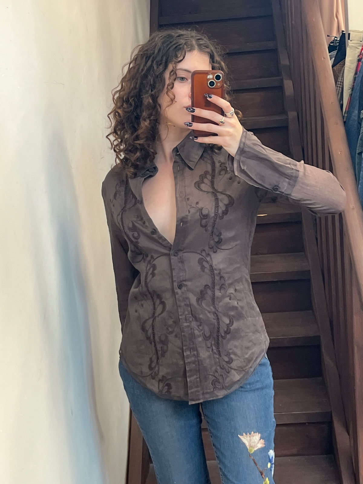 Brown Sheer Embroidered Blouse Button Up Long Sleeve Shirt Size S