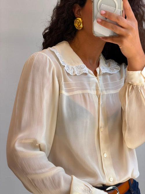 Silk Botton-up long sleeve shirt in cream L