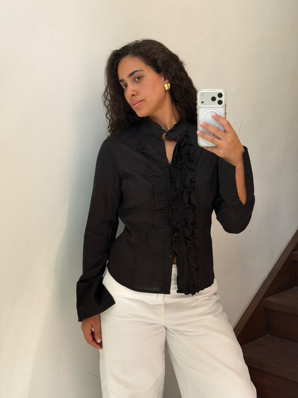 Black Button Up Shirt With Raffles Size M