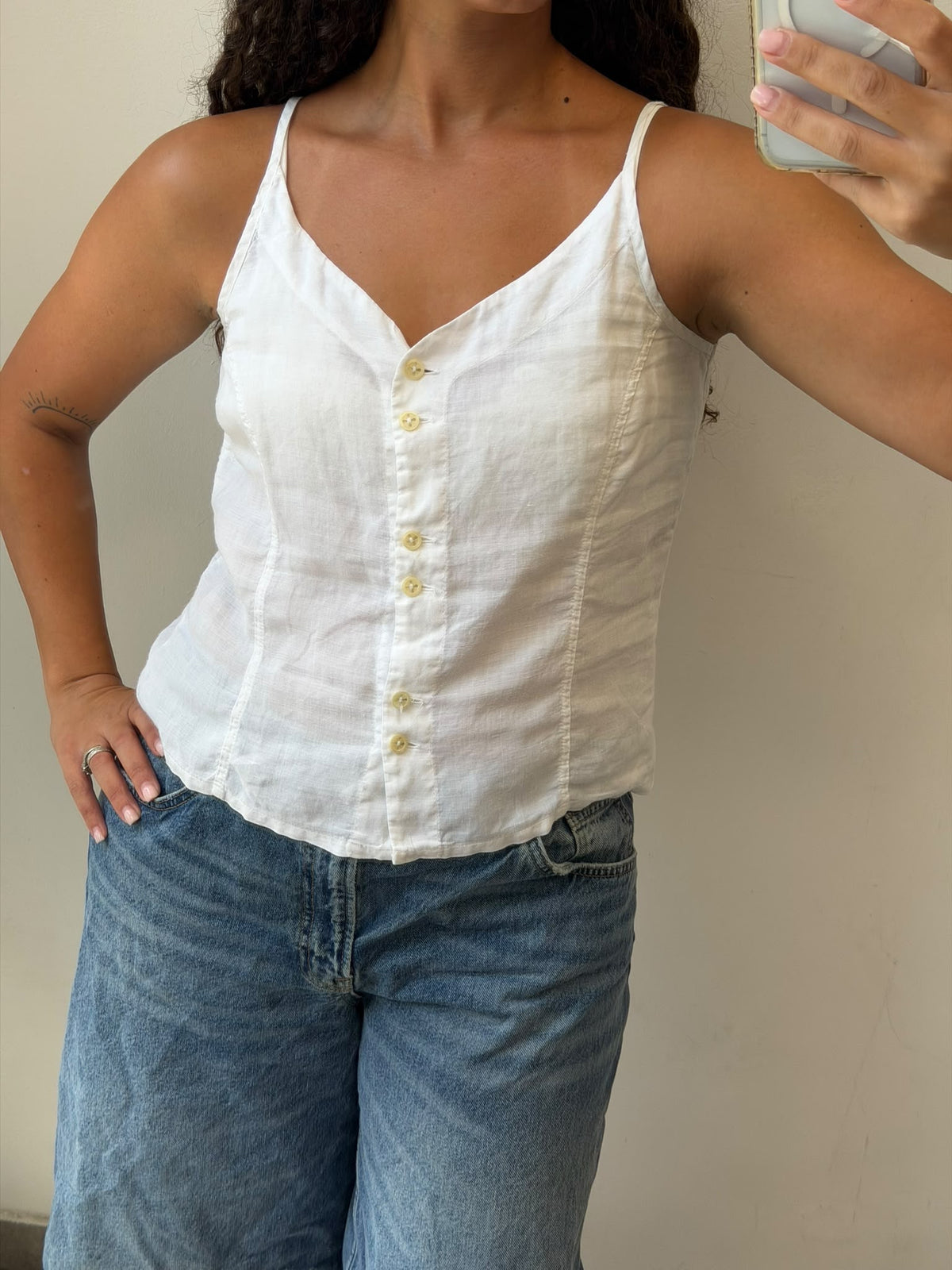 Linen white button up tank top size M