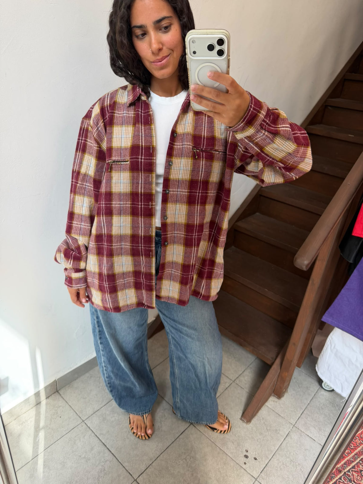 Burgundy Plaid Flannel Button Up Shirt Size L