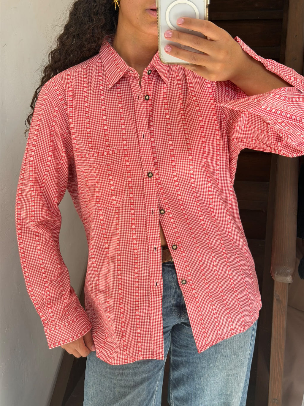 Red Floral Gingham Plaid Button Up Shirt Size L