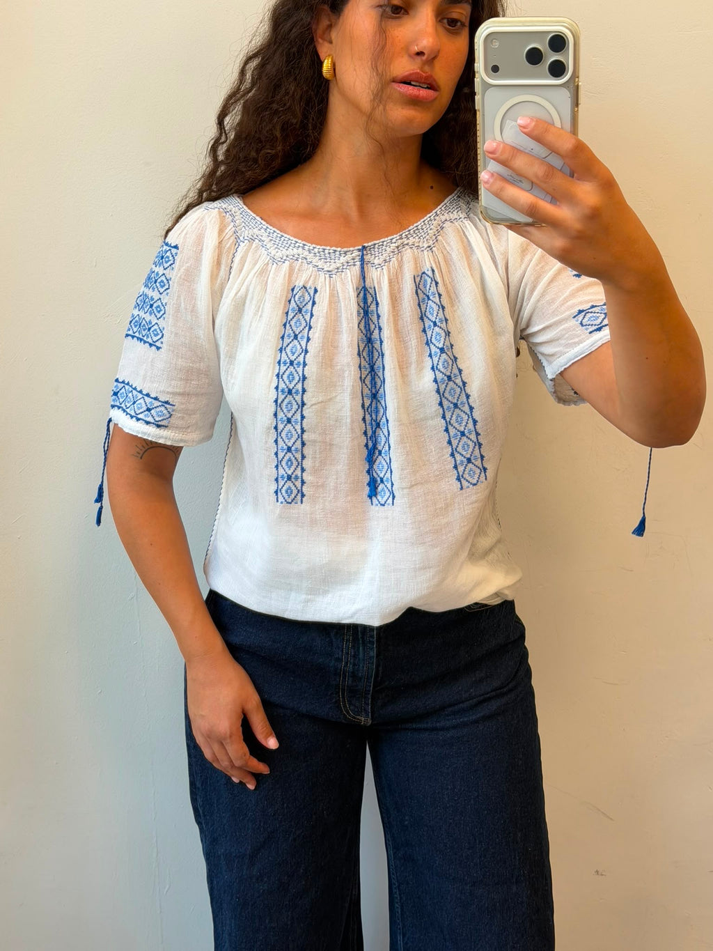 Boho Shirt in White With Blue Details M-L