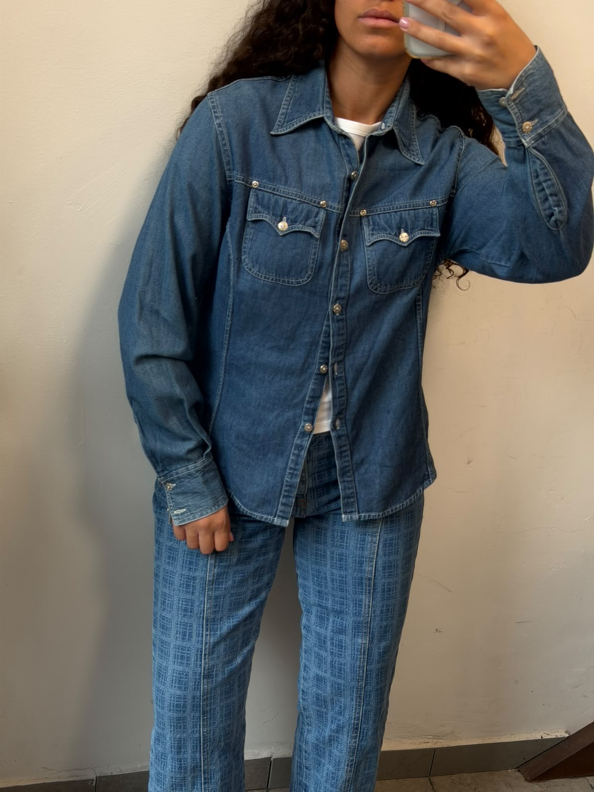Mid Wash Denim Western Shirt Button Up Jacket Size L
