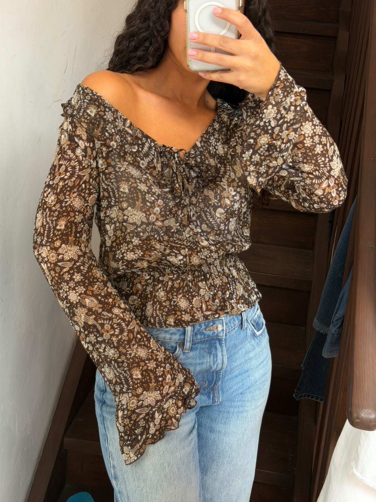 Brown Sheer Floral Blouse Smocked Waist Tie Neck Shirt Size M