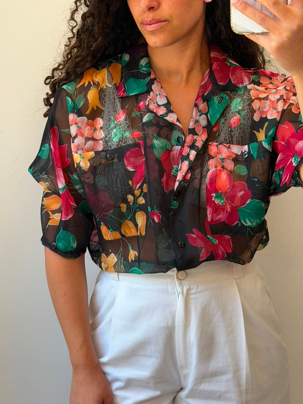 Flowry Botton-up See-Through Shirt L-XL