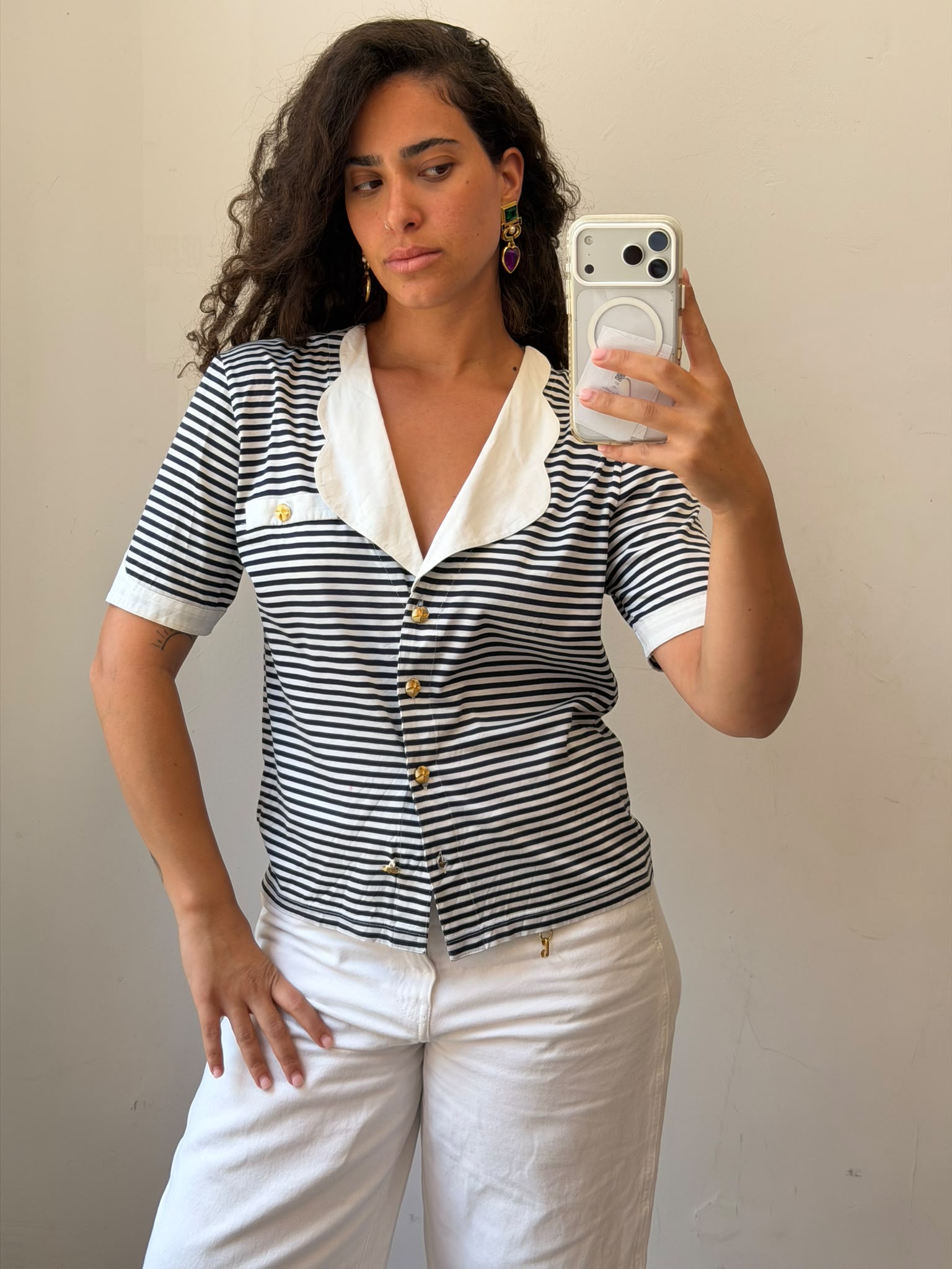 Striped Botton-up short sleeve shirt L