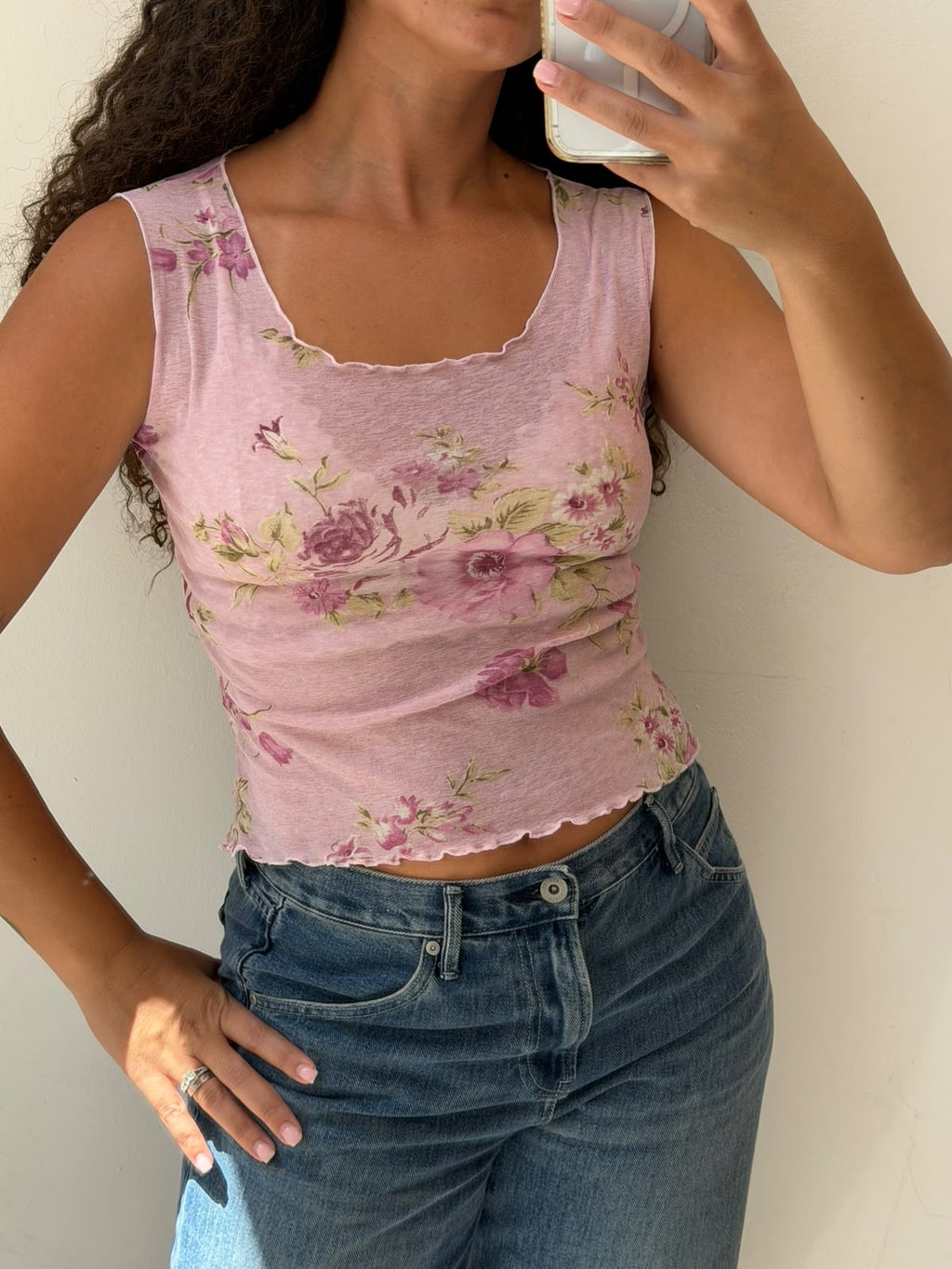 Mesh pink floral tank top size S-M