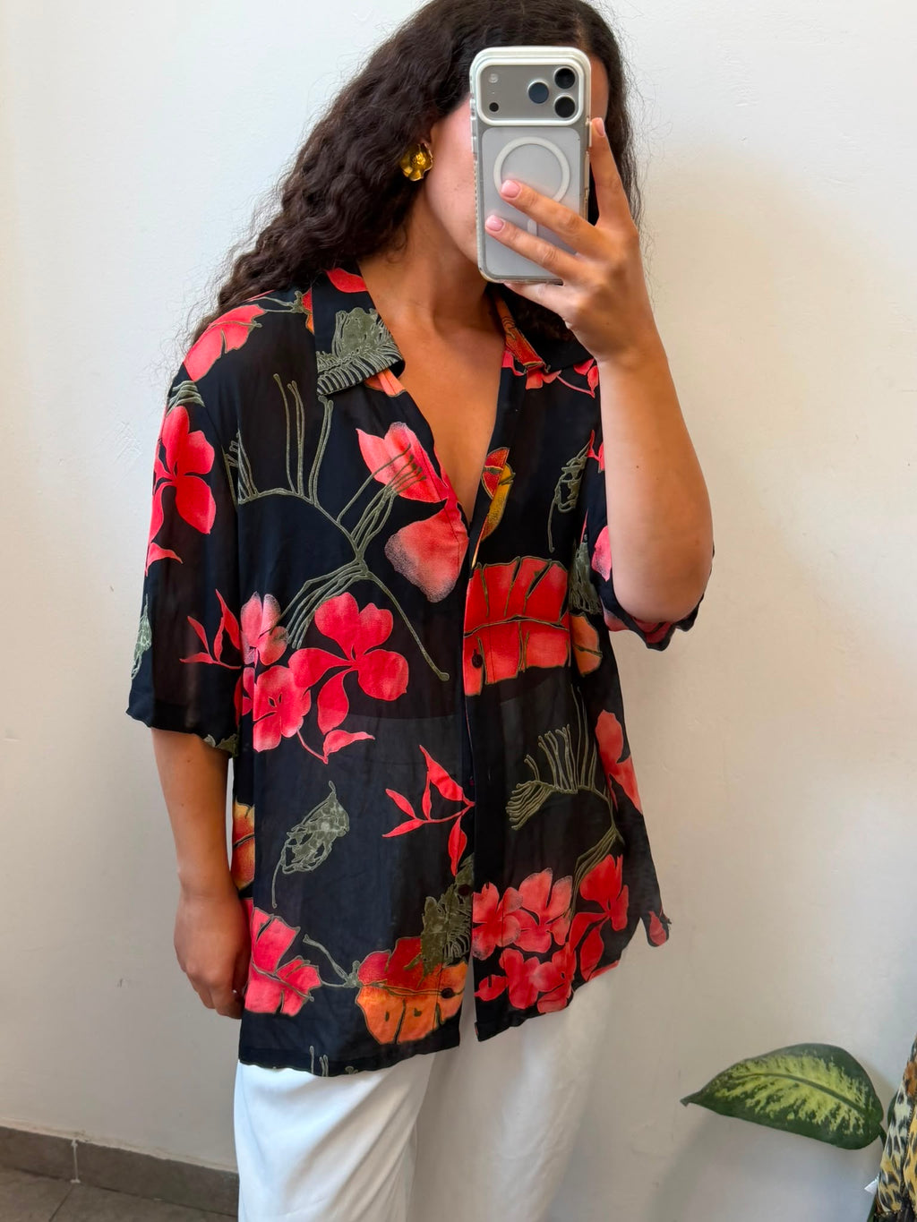 חולצה מכופתרת קצרה שקפקפה עם פרינט פרחוני L-XL