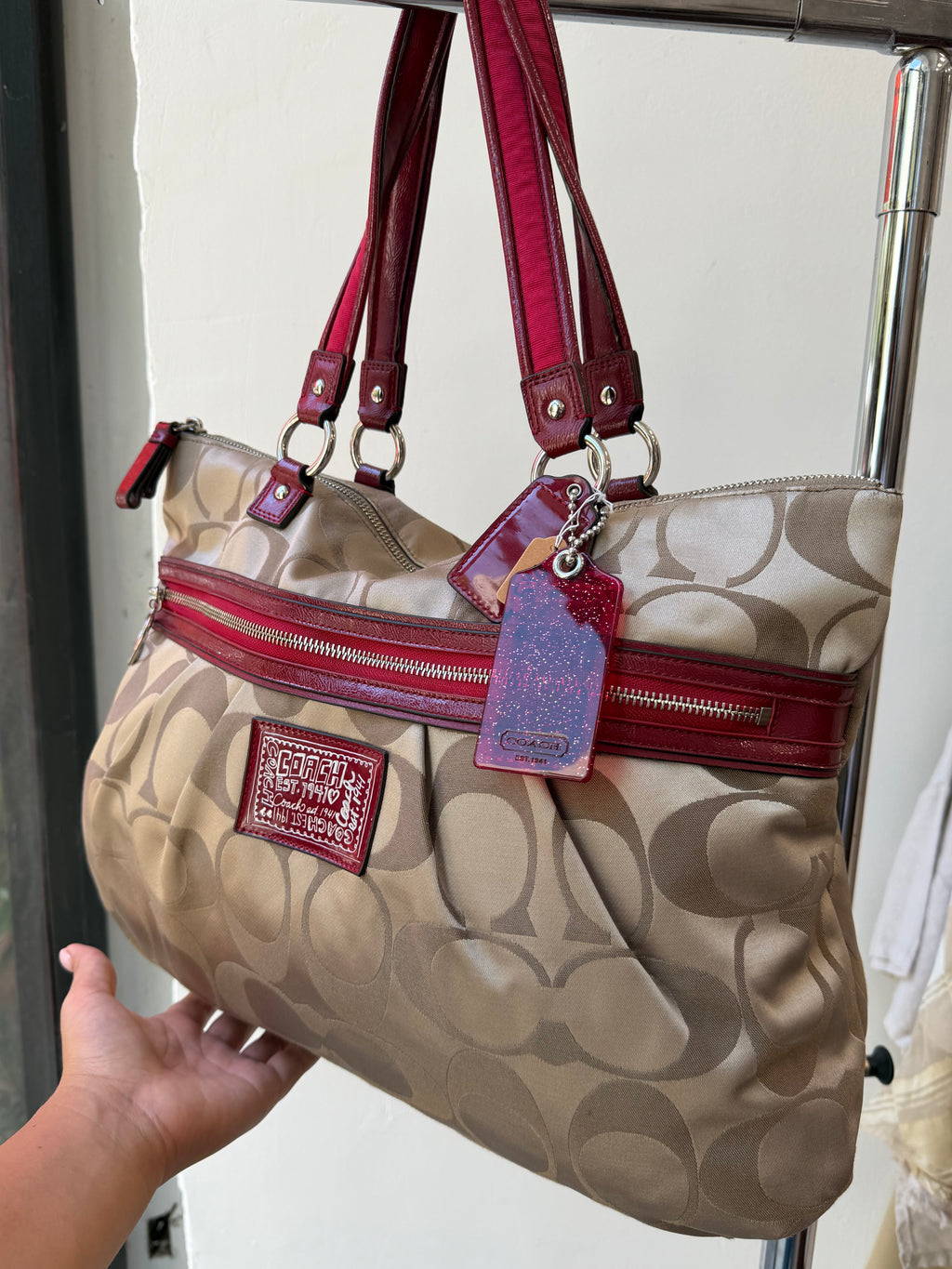 Coach Poppy Handbag with Gold and Red
