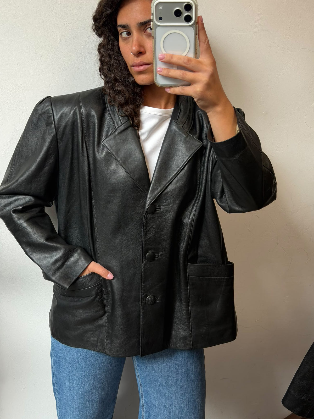 Black Leather Padded Shoulder Blazer Jacket Size XL