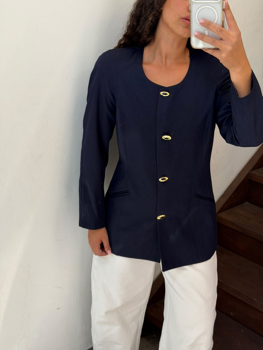 Collarless Navy Blazer with Gold Buttons Size S