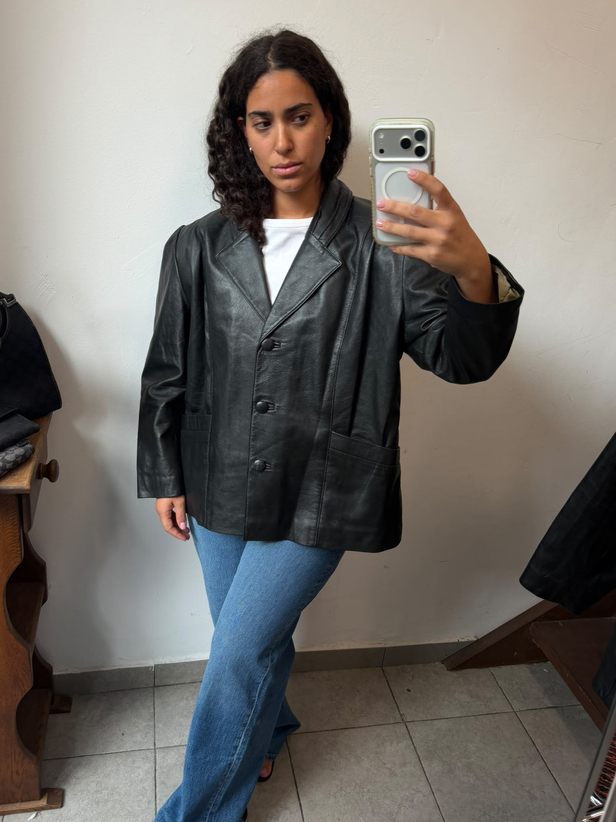 Black Leather Padded Shoulder Blazer Jacket Size XL