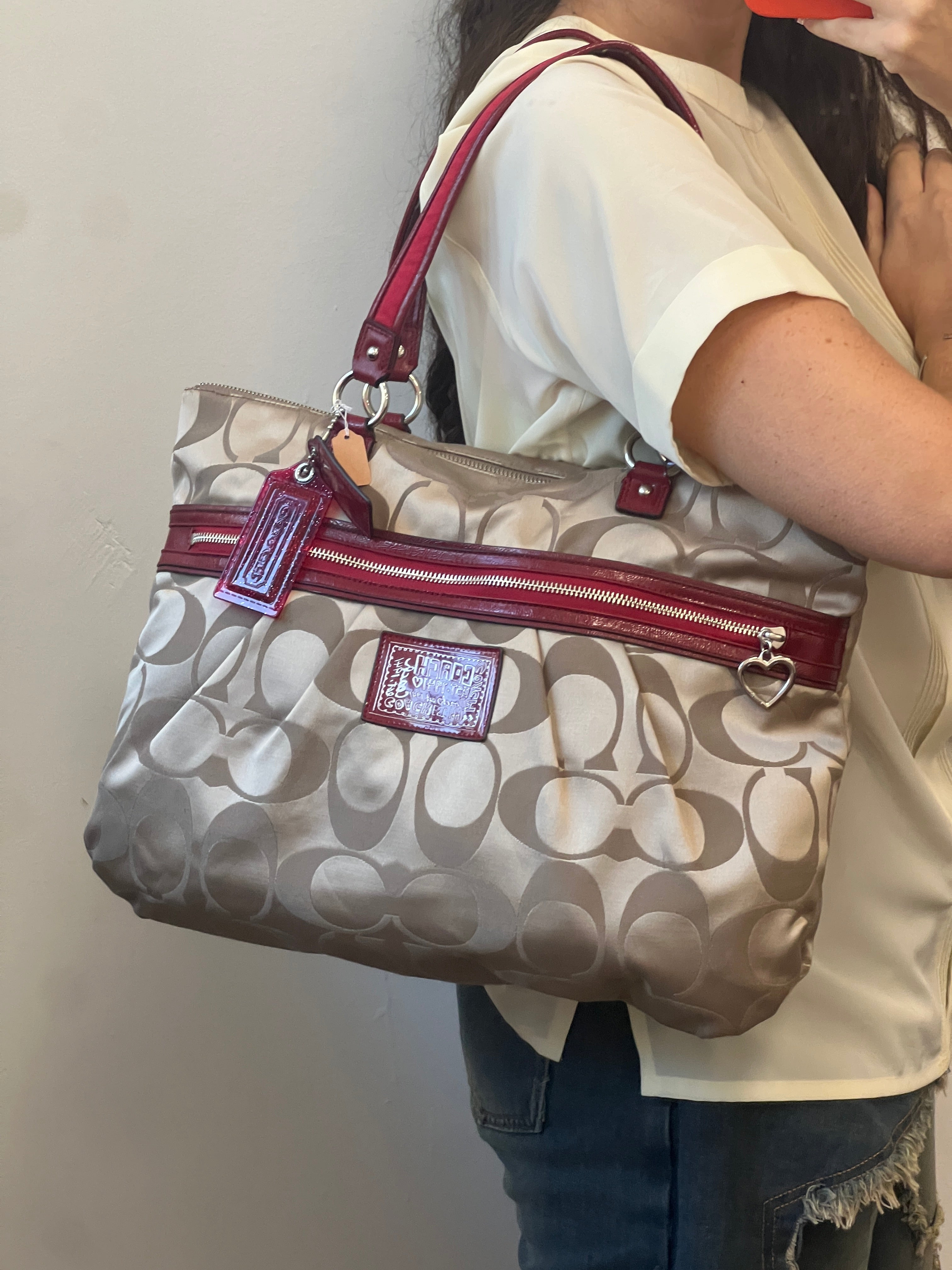 Coach Poppy Handbag with Gold and Red