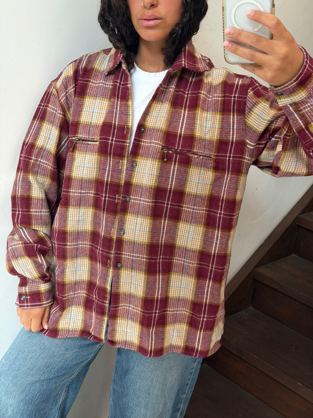 Burgundy Plaid Flannel Button Up Shirt Size L