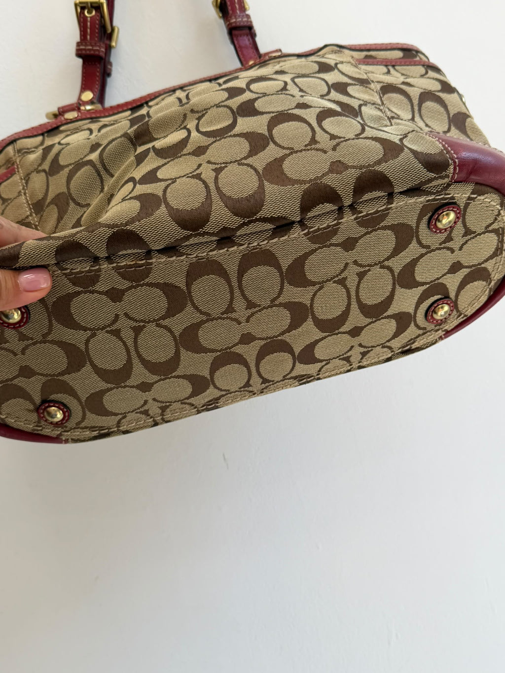 Vintage COACH Signature Hampton Buckle Tote Bag Khaki & Red Leather