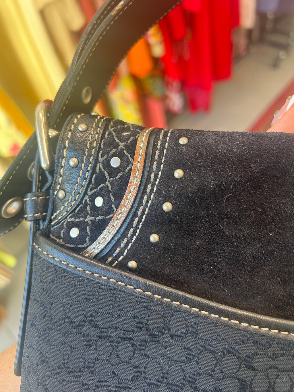 Coach Soho Black Signature C Patchwork w/Rivets Shoulder Bag