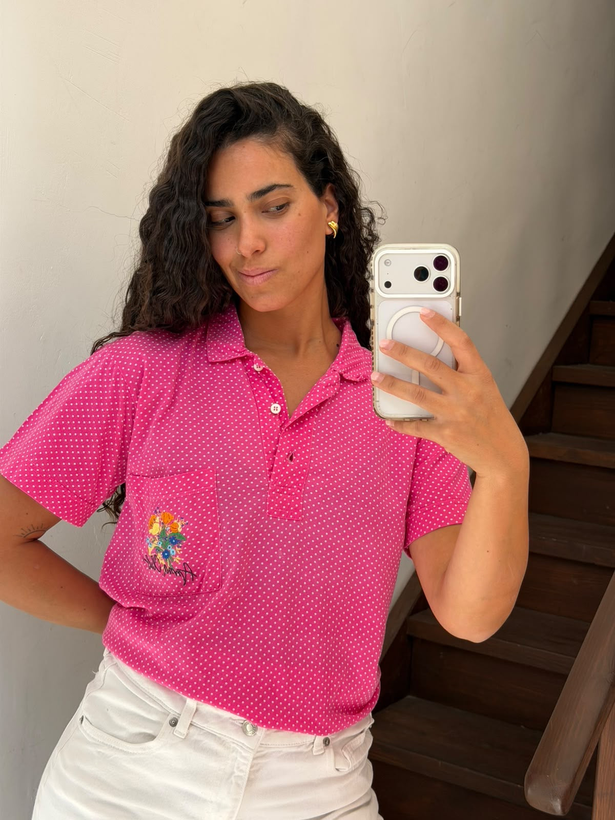 Pink Polka Dot Polo Shirt with Floral Embroidered Pocket Size M