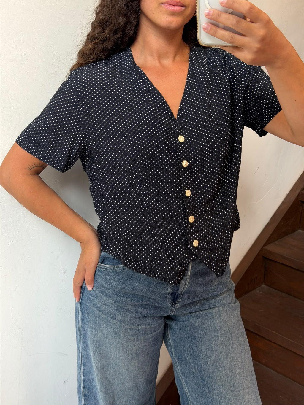 Polka Dot Short Sleeve V-Neck Button Up Blouse Size M