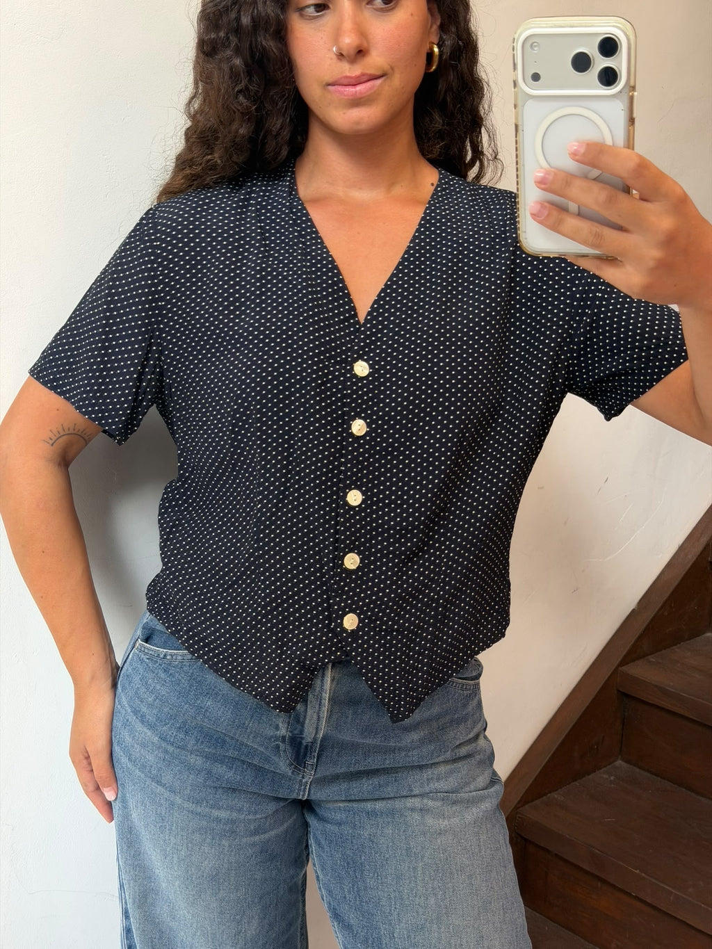 Polka Dot Short Sleeve V-Neck Button Up Blouse Size M