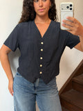 Polka Dot Short Sleeve V-Neck Button Up Blouse Size M
