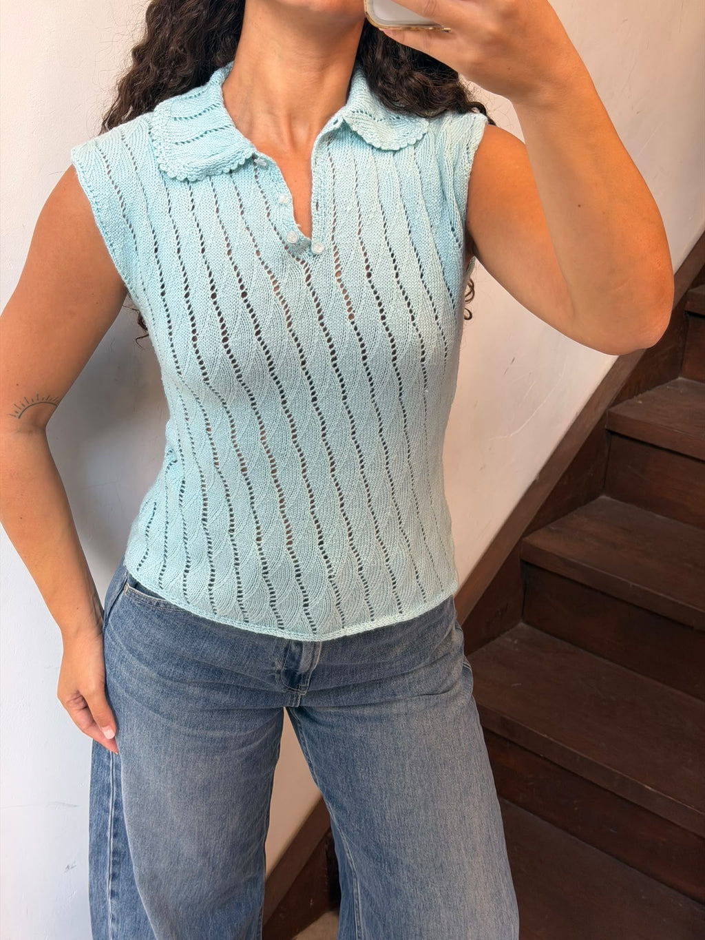 Light Blue Knit Sleeveless Polo Top Size M