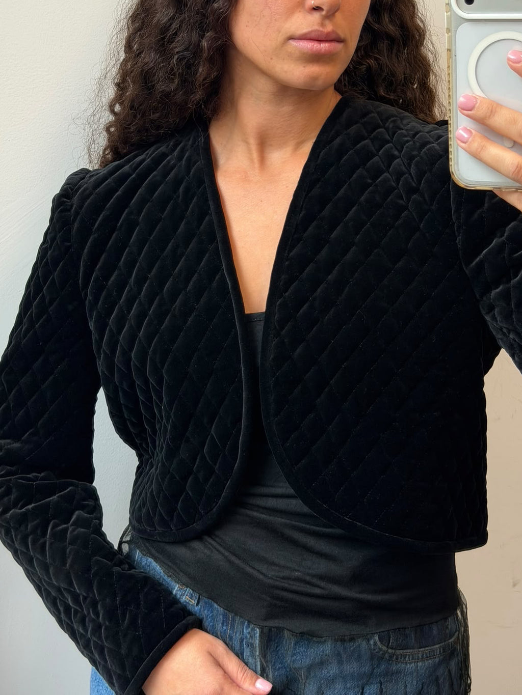 Black Quilted Velvet Bolero Cropped Jacket Size M