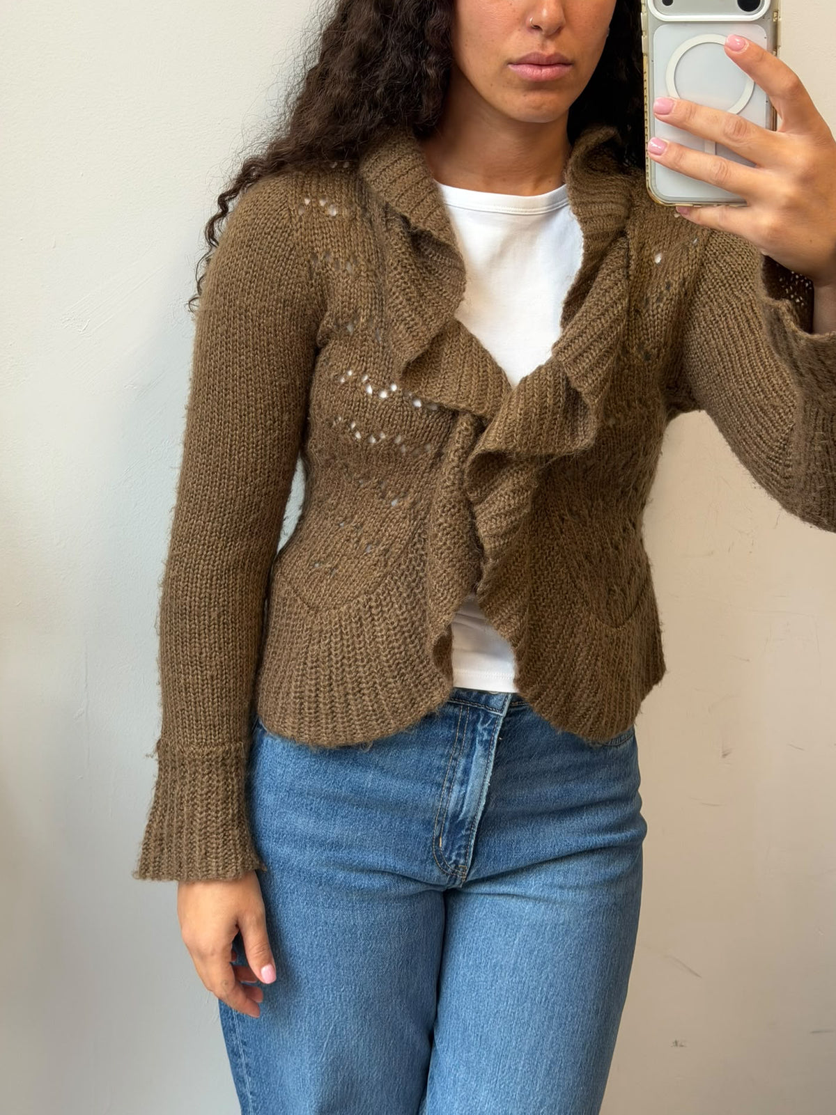 Brown Ruffle Knit Cardigan Open Front Sweater Size S